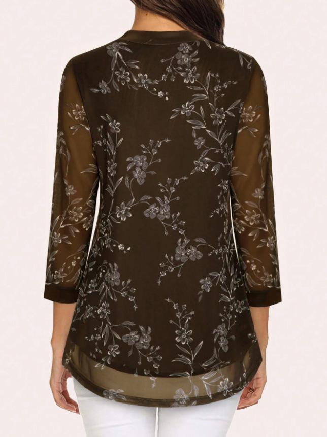 Women's European & American V-neck 3/4 Sleeve Printed Chiffon Loose Plus Size Top