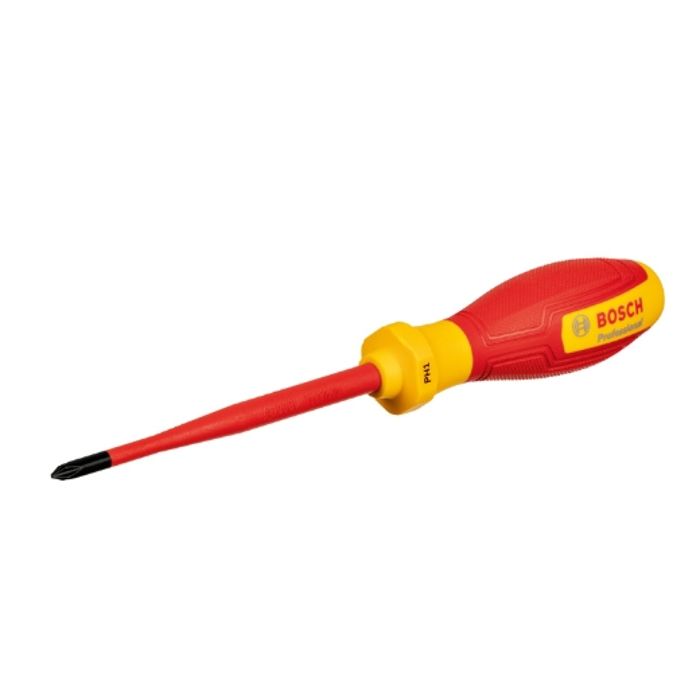Tournevis VDE cruciforme BOSCH Professional PH1 x 100 mm - Isolé 1000 V, testé 10 000 V - Manche softgrip antidérapant