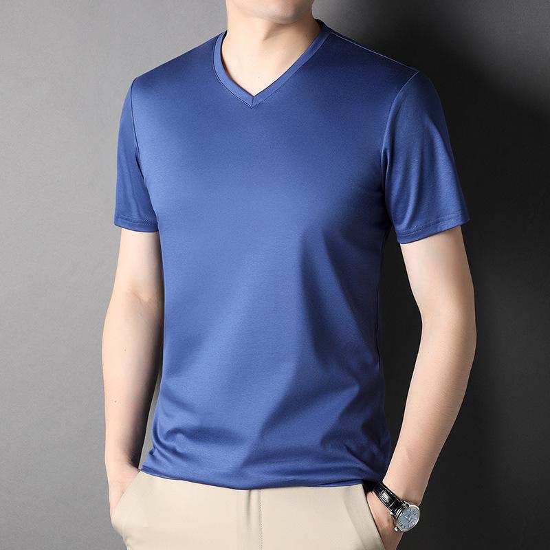 Solid Color Mulberry Silk Short-sleeved T-shirt Men's Round Neck Mercerized Cotton Half-sleeved Men's Thin Trendy T-shirt