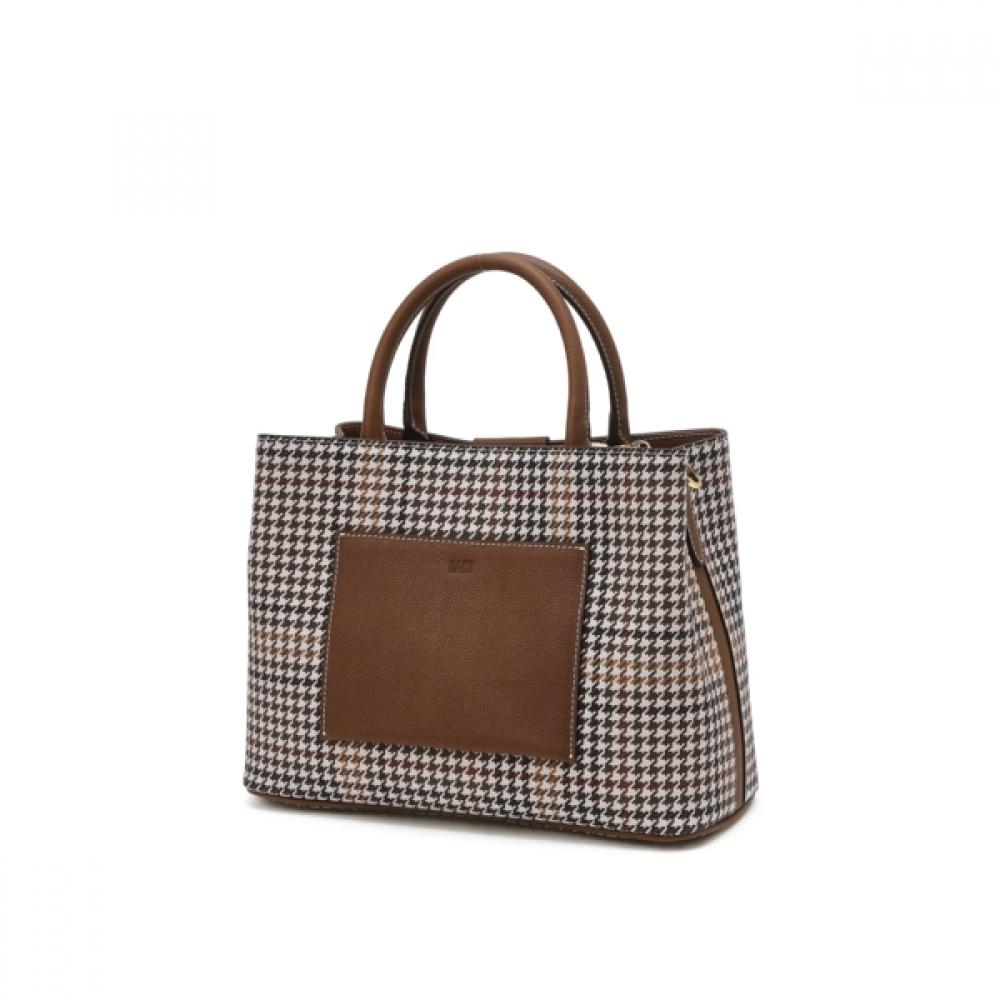 Daks Brown Leather Houndstooth Check Tote Bag M