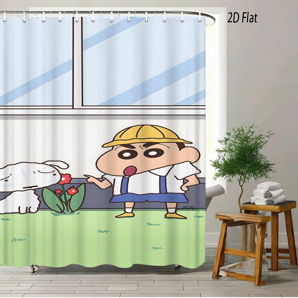 Crayon Shin-Chan Flame Ninja Z Themed 2D Print Waterproof Shower Curtain, Flying Shin-Chan With Family & Shiro Colorful Cityscap
