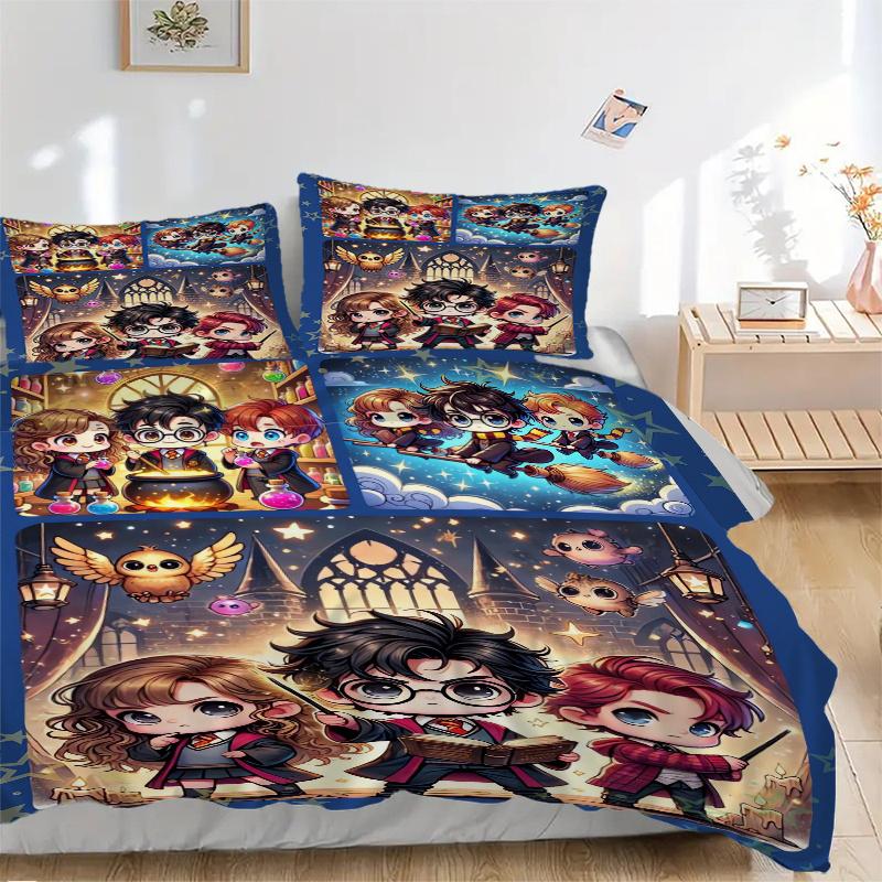 3pcs Hogwarts with Harry Hermione and Ron Quilt Cover Set - Soft and Cozy Bedroom, Guest Room and Dorm Decorative Bedding 3-Piece Set 1 Quilt Cov