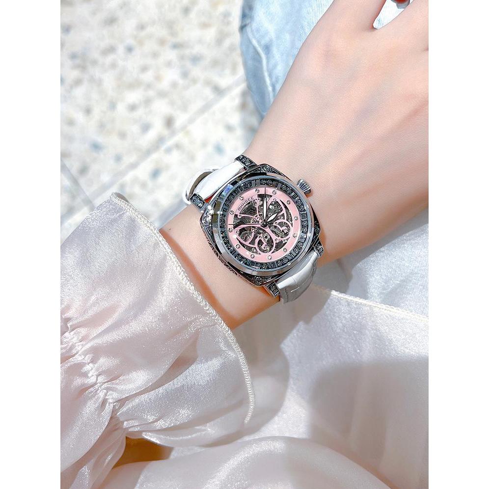 Automatic Mechanical Watch for Women Hollow‑Out Skeleton Dial Luminous Hands Watch Leather Band Waterproof
