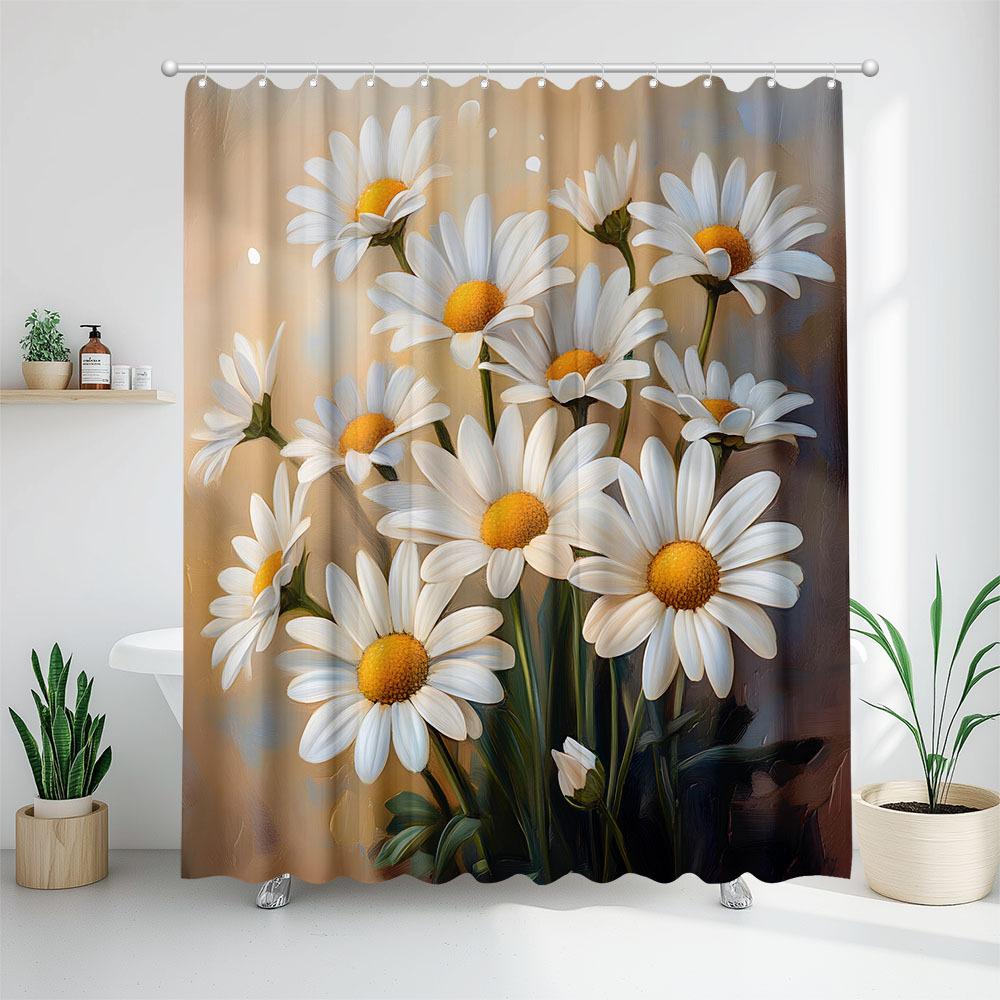 

1pc Daisy Print Shower Curtain - Polyester, Waterproof, 12 Hooks, Light Brown & White Daisies with Yellow Centers 90x180cm