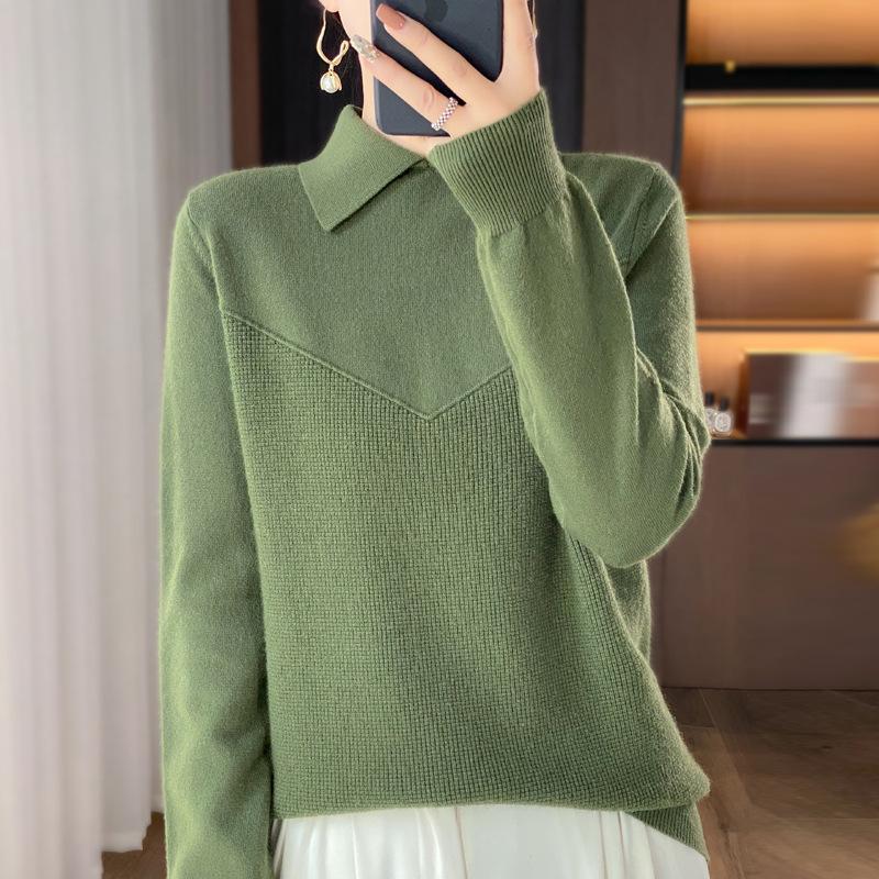 

YYFS женские модные повседневные однотонные свитера с воротником-поло на осень-зиму с длинными рукавами и принтом M зелёный