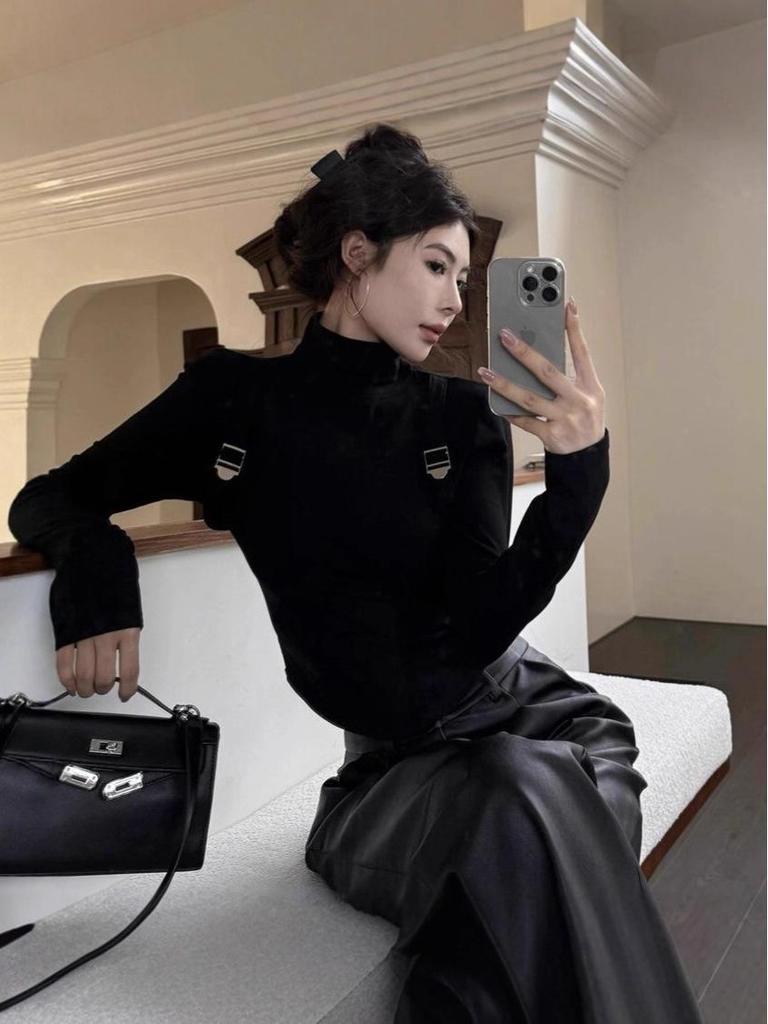 Korean Spicy Girl High Neck Slim Fit Suspender T-Shirt - Women's Autumn/Winter Patchwork Top