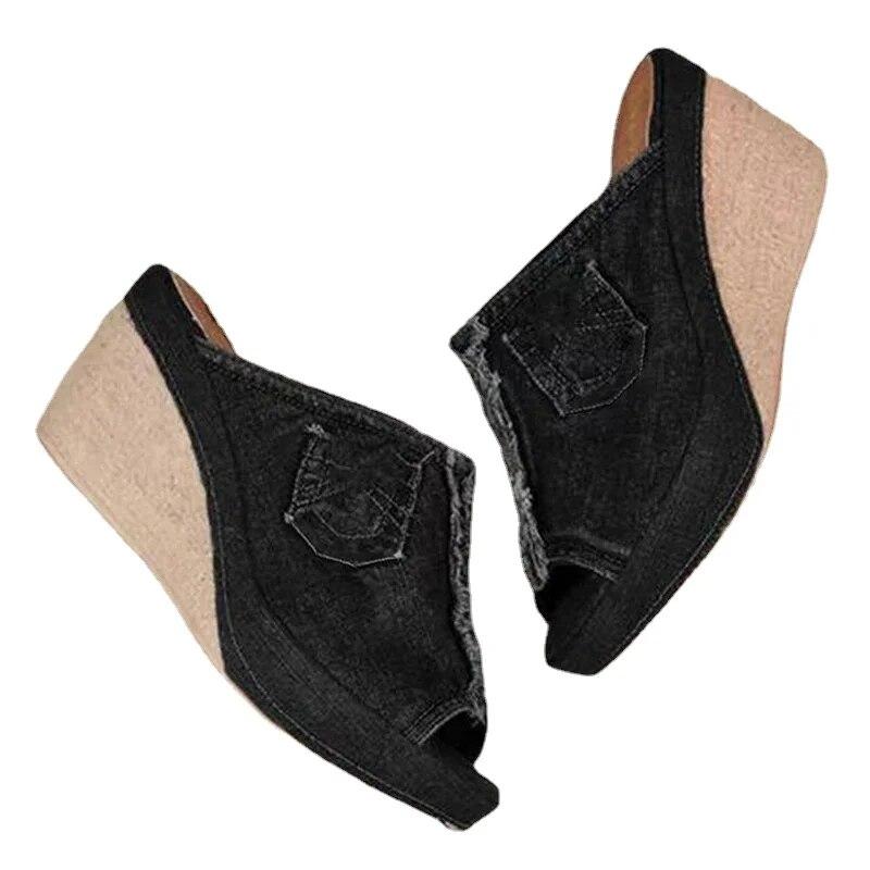 Sandali da Donna in Denim Pantofole Sandali con Zeppa Estivi Donna Bocca di Pesce Zeppe con Tacco Alto