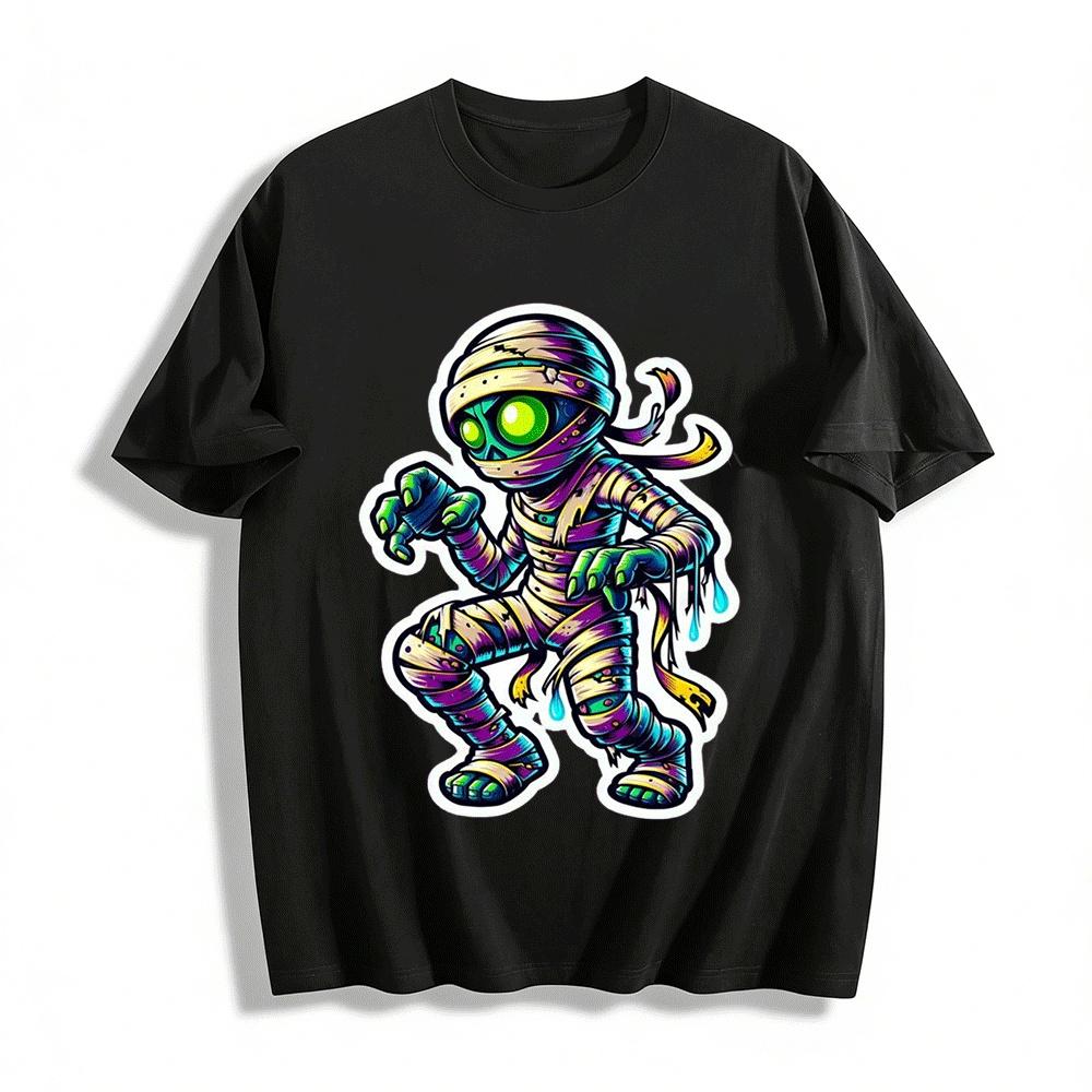 

Neon Mummy Print Casual Top Retro Spooky Graphic Tee Pure cotton T-shirt XXS