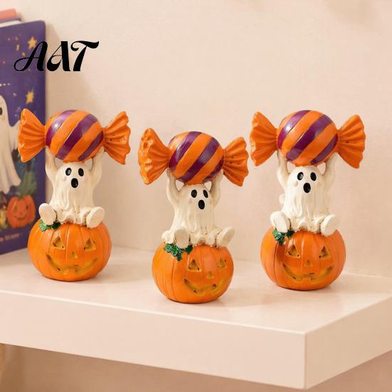 Small Gift for Children Halloween Ghost Figurine, Cute Sitting on Pumpkin Holding Candy Party Supplies Statue, Spooky Resin Table Ornament Indoor