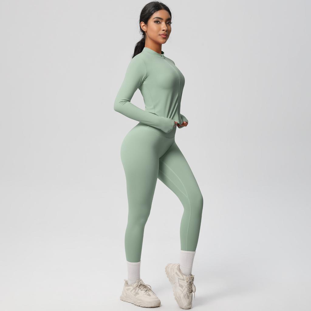 Quick Drying Nude Fitness Zipper Jacket Set, Tight Fitting High Waist And Hip Lifting Yoga Outdoor Running Sports Set, Two-Piece Set For Women