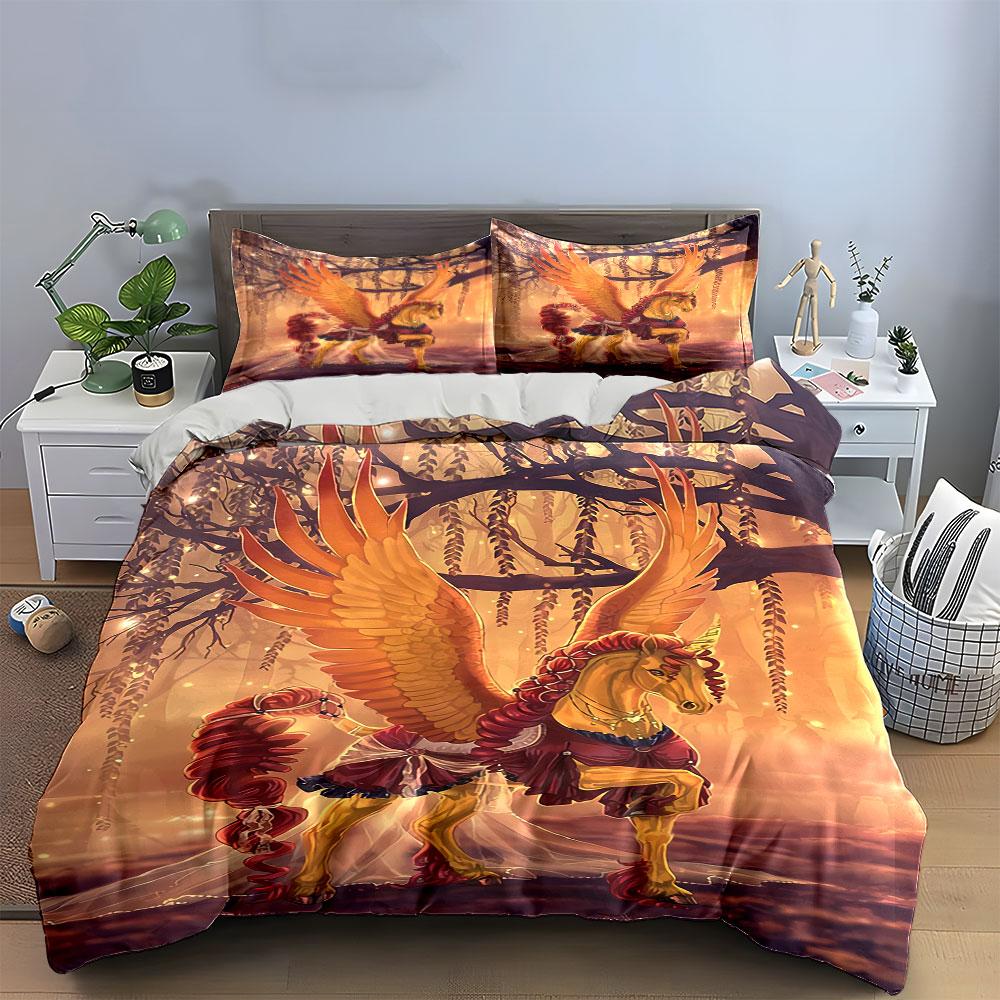 Golden winged horse pattern. Bedding sets Duvet cover sets Duvet covers Pillowcases(1 * Duvet Cover 2 * Pillowcases without duvet insert)