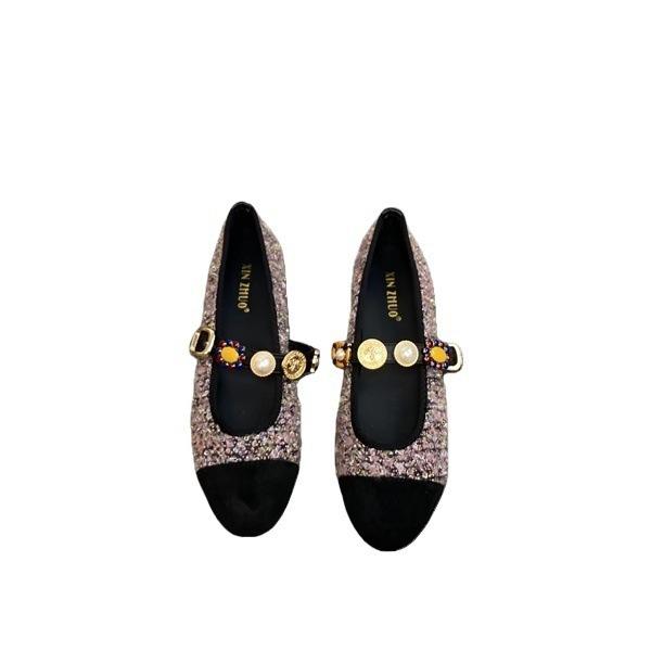 XINZHOU Xiaoxiangfeng Round Head Metal Buckle with Mary Jane Shoes Women's Shallow Mouth Rough Flower Versatile Flat-soled Single Shoes