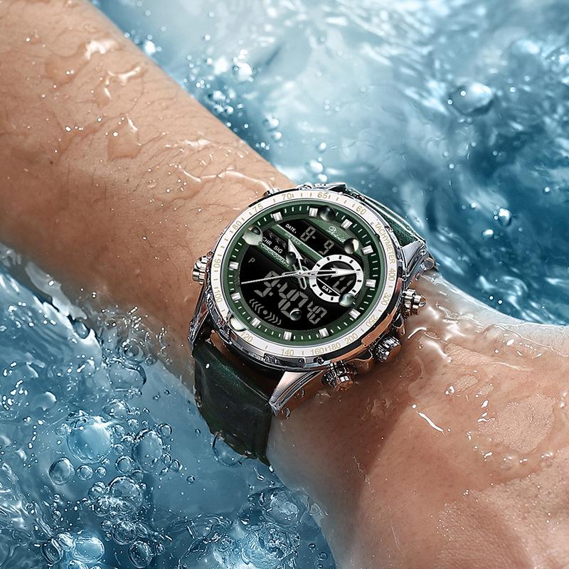 Los últimos relojes deportivos de moda, manecillas multifuncionales, resistente al agua, correa de cuero luminosa, doble pantalla, relojes de negocios de lujo para hombres