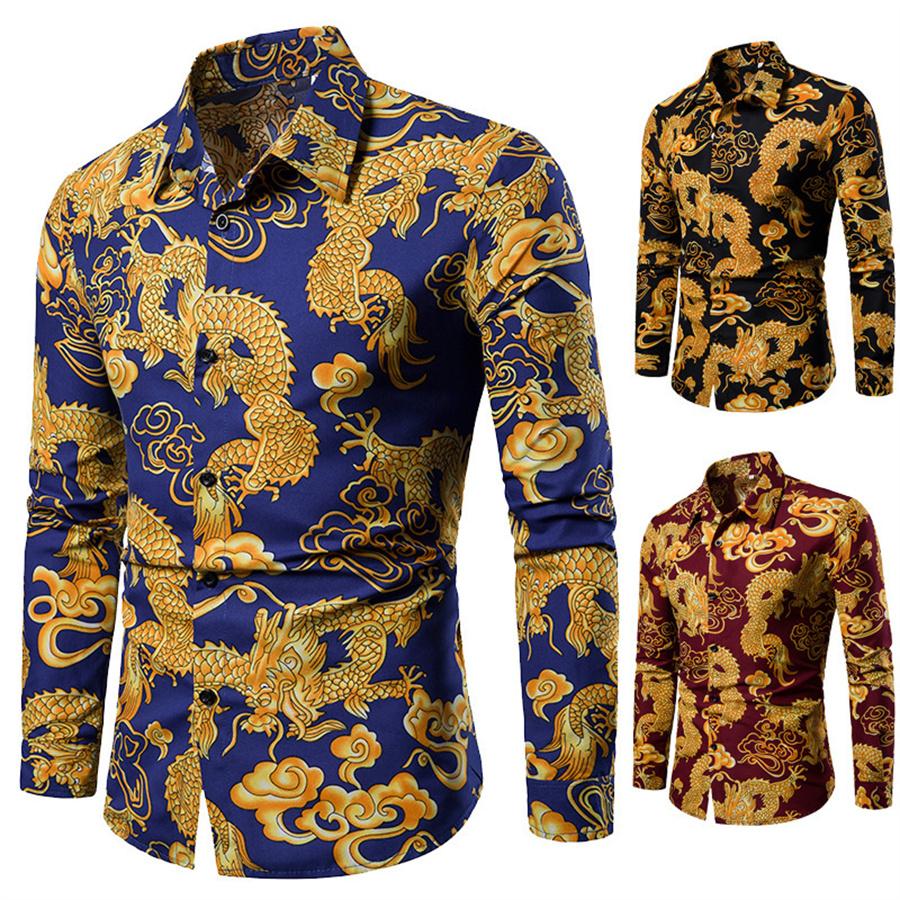 Camicia da uomo con motivo drago bavero primavera autunno Camicie da uomo a maniche lunghe con stampa di moda
