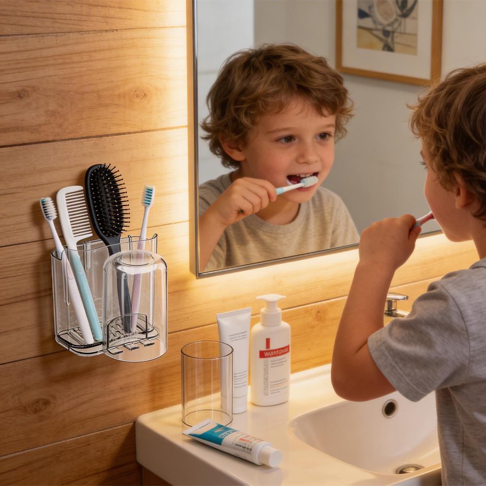 Bathroom Toothbrush Holder Wall Mounted No Drilling Acrylic Toothpaste Cup Organizer Drainage Multifunctional Bathroom Shelf
