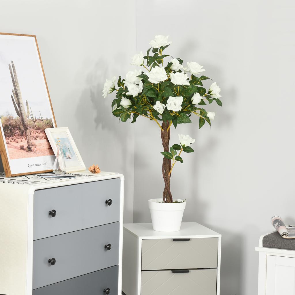 Piante Artificiali Rosa Bianco Floreale in Vaso, Piante Finte per Arredamento Interno Casa, 90cm