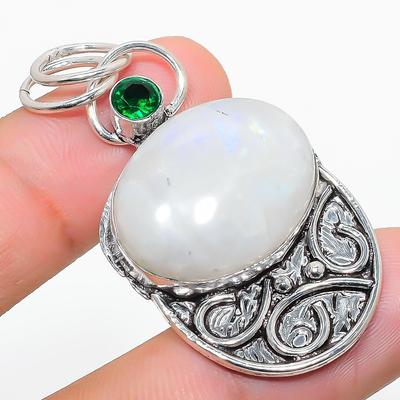 Natural Rainbow Moonstone, Diopside 925 Sterling Silver Pendant 1.97" k3A00