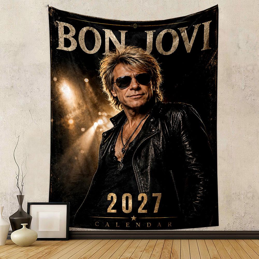 Bold text, spotlighted figure, leather jacket, and a 2027 calendar motif. Patterned tapestry for bedroom and living room home decor