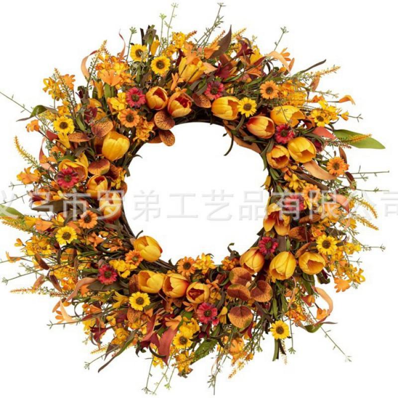 Harvest Wreath With Pumpkins Berries Vine Circle Halloween Thanksgiving Door Decor