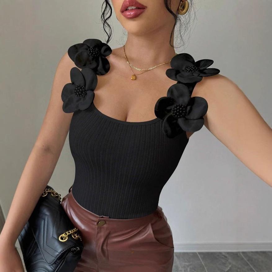 

Жилет женский летний темпераментный повседневный с трехмерным цветочным декором вязаный топ без рукавов XXL чёрный