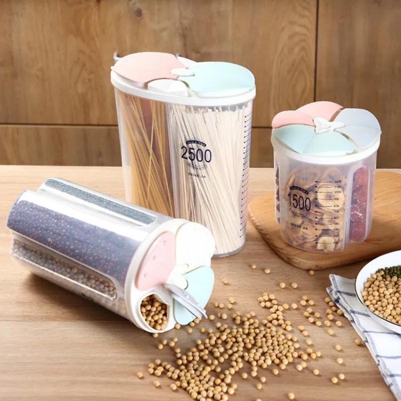 2/3/4 Grid Separate Transparent Grain Storage Bottle Household Kitchen Food Moisture-proof Sealed Cans Dry Cereal Container