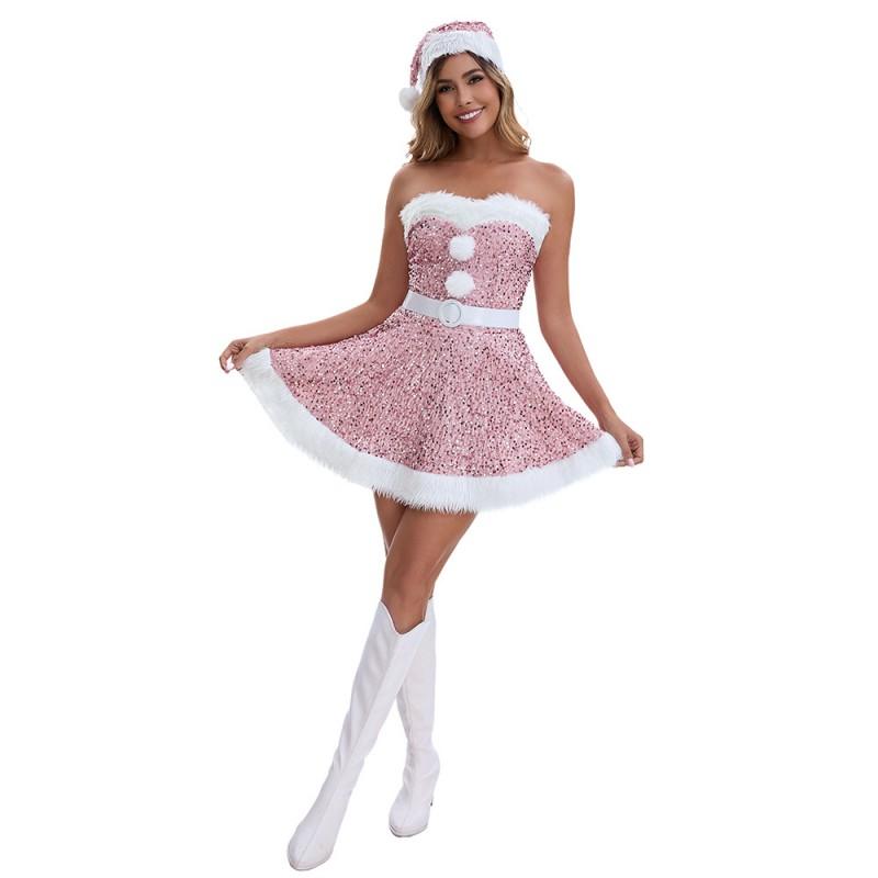 Pink Sequin Christmas Dress With Faux Fur Trim Holiday Party Outfit Women S M L XL