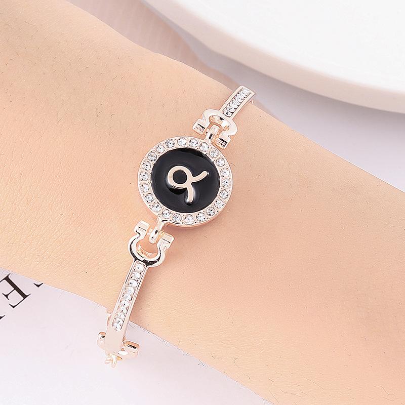 12 Zodiac Signs Bracelet for Women, Rose Gold Plated Inlaid Diamond Constellation Bangle, Fashion Couple Jewelry Gift