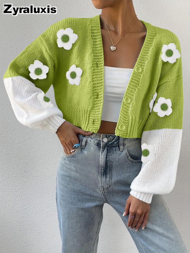 Vintage Knitted Overshirt, Solid Color Floral Element Knit Sweater