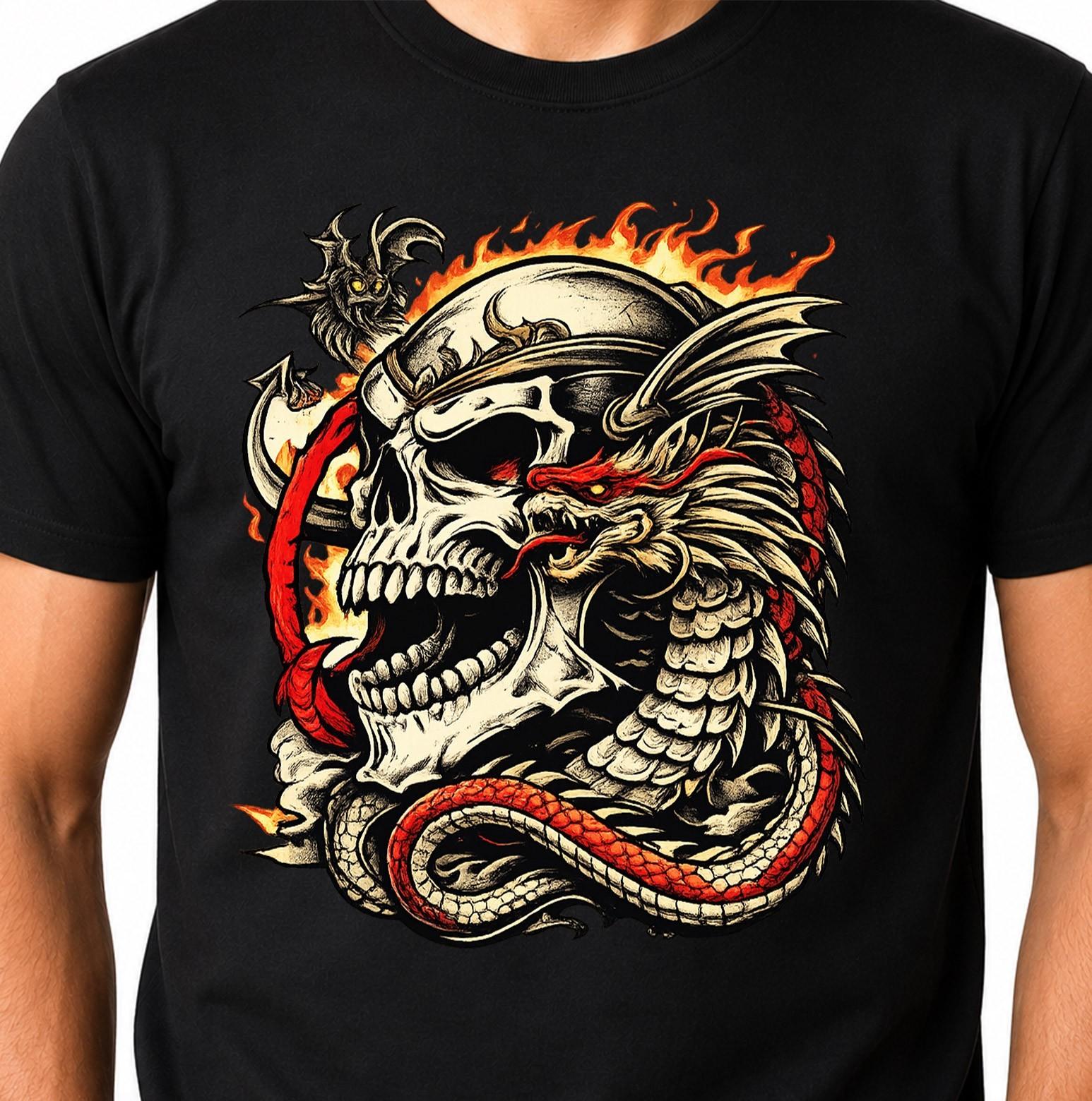 Skull Dragon Flame Graphic Gothic Biker Fantasy Fire Japanese Tattoo Tee. XS