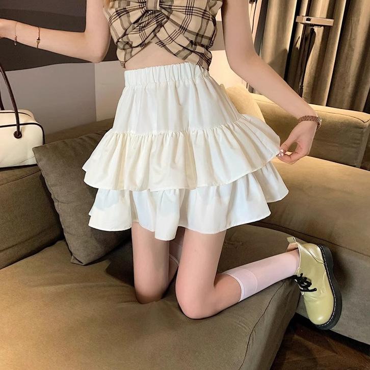 Women's Summer White Tiered Pleated Puffed Umbrella Skirt Petite High-Waisted A-Line Mini SkirtCasual Design-forward Slimming All-match Versatile