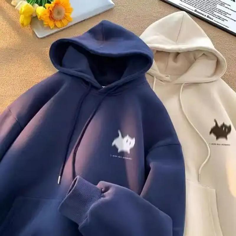 Korean Style Loose Fit Unisex Cat Print Hooded Sweatshirt For Autumn Winter