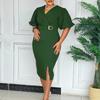 Women Fashion V Neck Puff Sleeve Solid High Waist Slit Bodycon Midi Dress