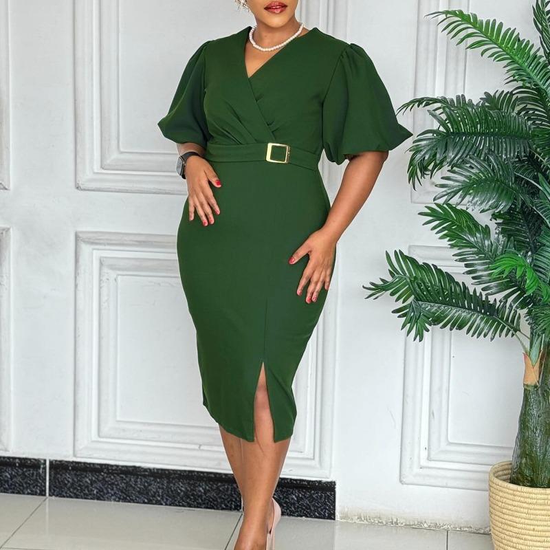 Women Fashion V Neck Puff Sleeve Solid High Waist Slit Bodycon Midi Dress