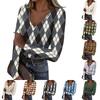 Women's Casual V-Neck Plaid Print Long Sleeve Ribbed Top for Fall and Everyday Wear