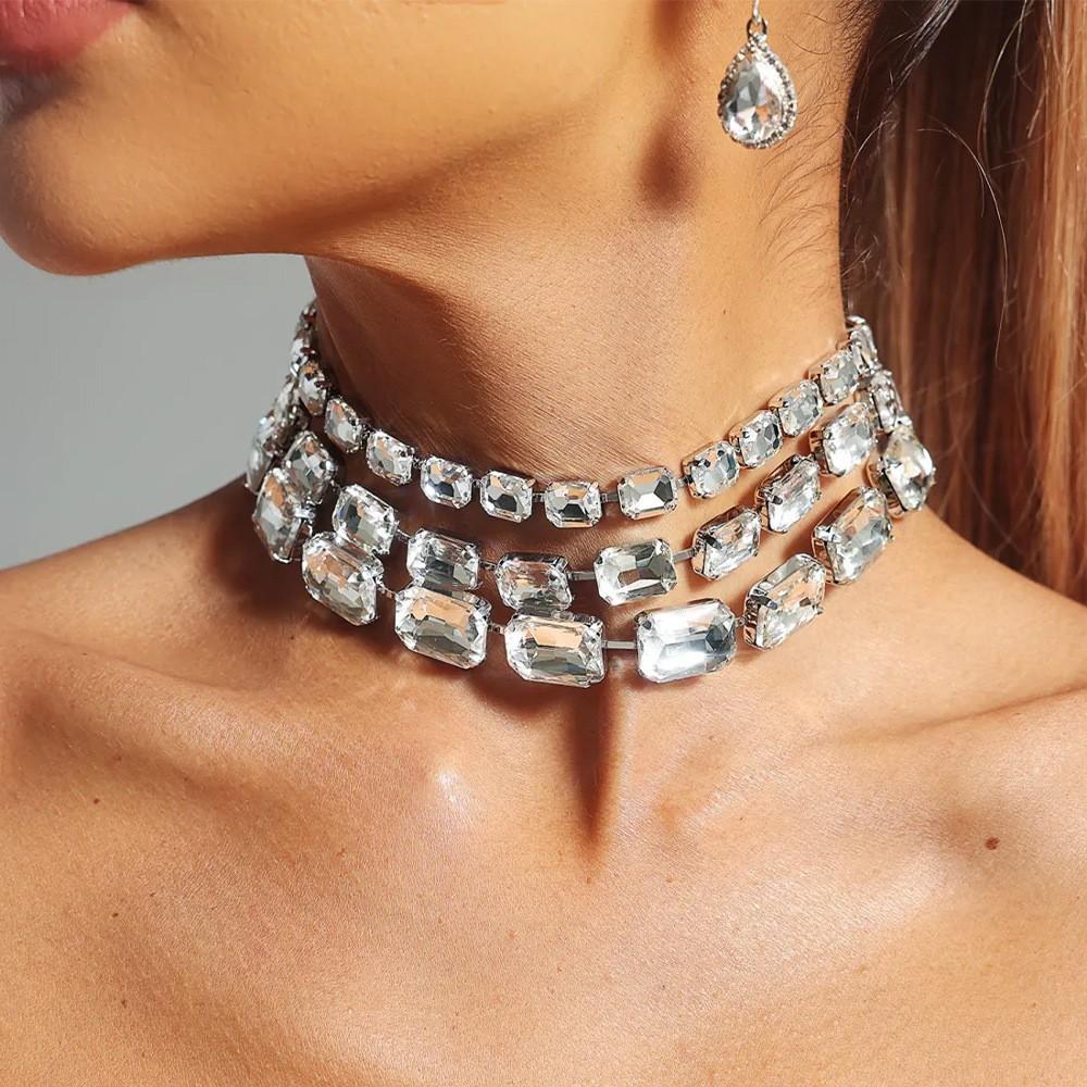 European and American Oversized Crystal Multi-layered Exaggerated Full Diamond Necklace, Luxurious Sparkling Rhinestone Collar Necklace