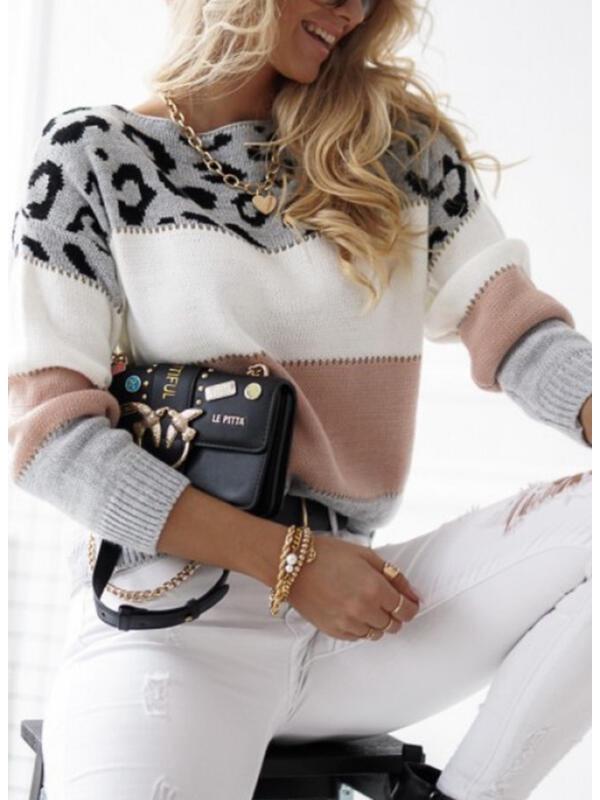 Women's Color Block Leopard Print Pullover: Long-Sleeved Casual Sweater for Autumn & Spring
