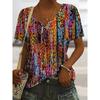 2025 Ethnic Women's T-Shirt Vintage Flower Graphics Fashion Short Sleeved V-Neck Regular