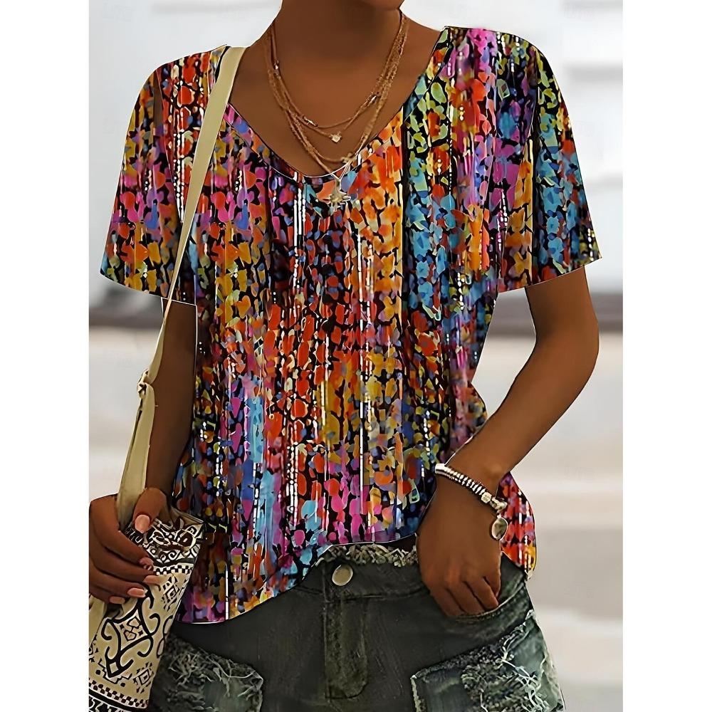 2025 Ethnic Women's T-Shirt Vintage Flower Graphics Fashion Short Sleeved V-Neck Regular