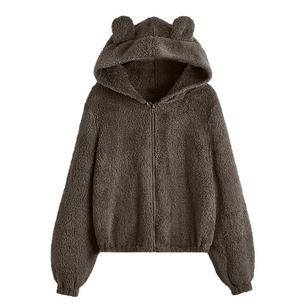 Sudadera con capucha de manga larga para mujer, de forro polar, cálida, con forma de oso, con cremallera