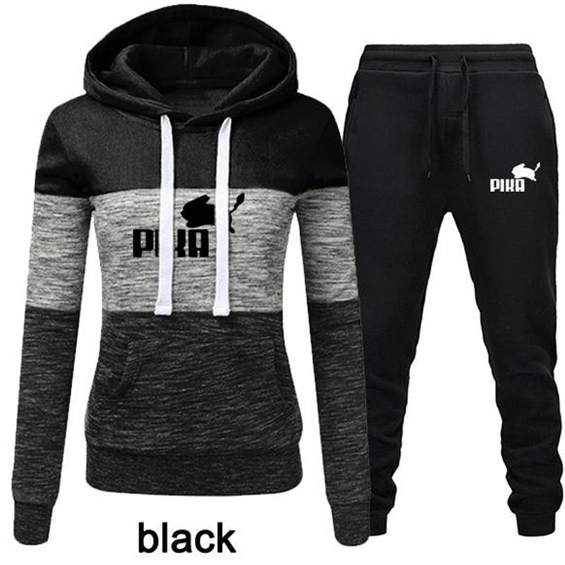 Women Fashion 2Pcs Tracksuits Color Patchwork Tracksuit Female Long Sleeve Hoodie Sweatshirt Jogging Pants Sport Hoodies Set
