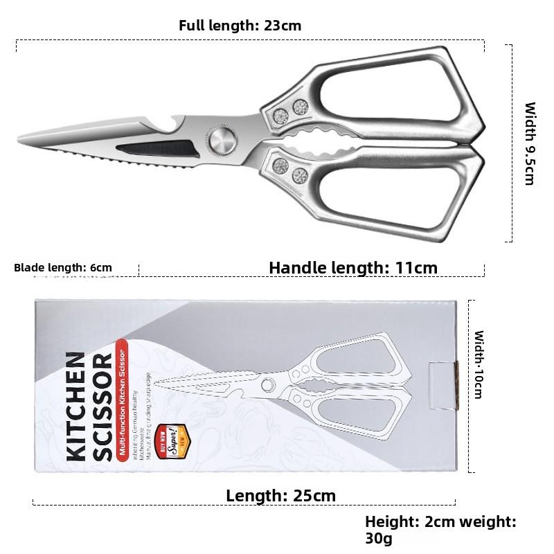 Multifunctional stainless steel, powerful bone-cutting scissors for home use, all-steel food scissors for chicken, fish, meat, and chicken feet Silver