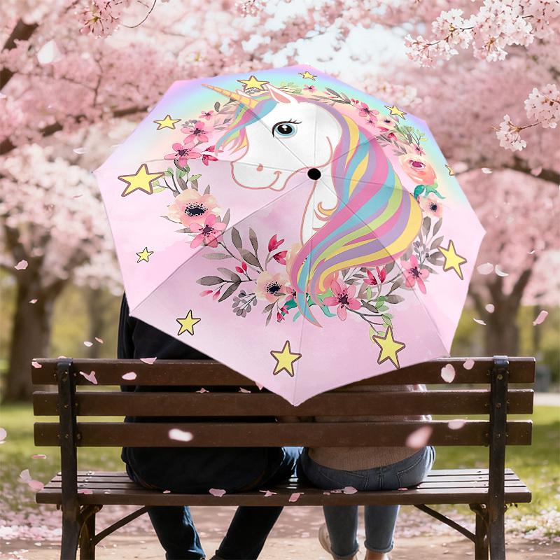 1PC unicorn flowers Umbrella-8-Rib Reinforced, Automatic Open, Lightweight & Durable, Cute Fashion Accessory for Outdoor, Beach or Casual Use, Beach U