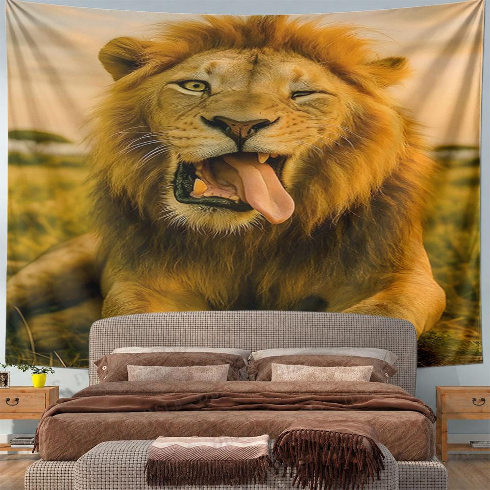 Lion Winking in Golden Savannah Pattern Wall Hanging Tapestry Decorative Tapestry Home Decor for Bedroom and Living Room