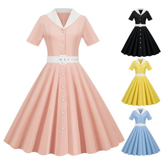 Dámské šaty, výstřih, klopa, jednořadý, s páskem, linie A, velký švih, úzký, vysoký pas, jednobarevné retro, krátký rukáv, princeznovské šaty ve stylu lady midi