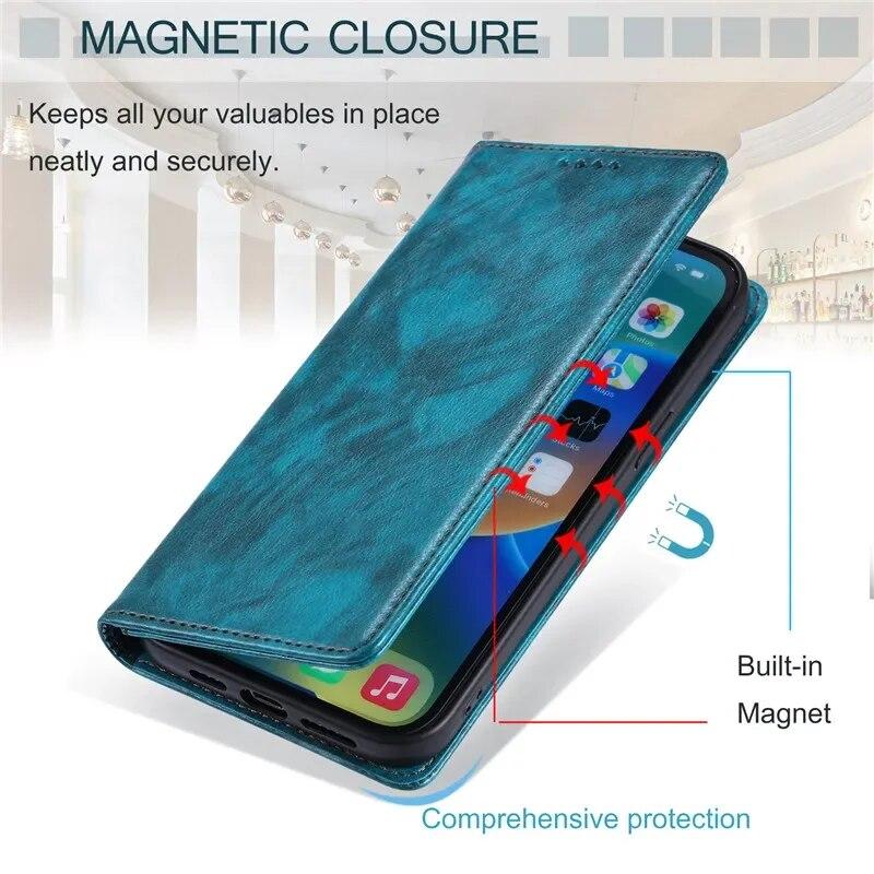 Leather Wallet Card Phone Case for iPhone 15 Pro Max 14 Plus 13 12 Mini 11 For Samsung Galaxy S23 Ultra S22 S21 S20 FE A54 A34 A14 A73 A53 Flip Cover
