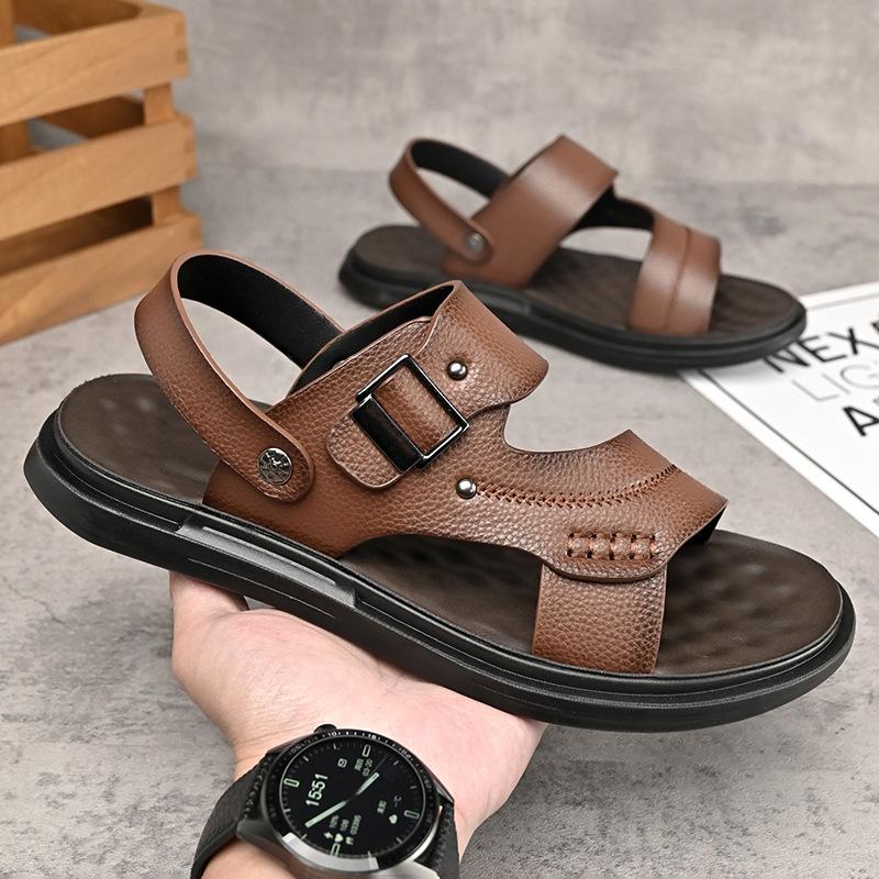 Straight shoes sandals men's soft leather men's leather sandals wearing middle-aged shoes beach shoes men's sandals