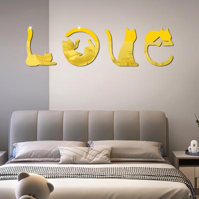 Yousheng 4 Pcs Love Cat Letters Stickers Peel And Stick Mirror Cat Wall Sticker Self-Adhesive Acrylic Mirror Wall Art Decal for Living Room Nursery