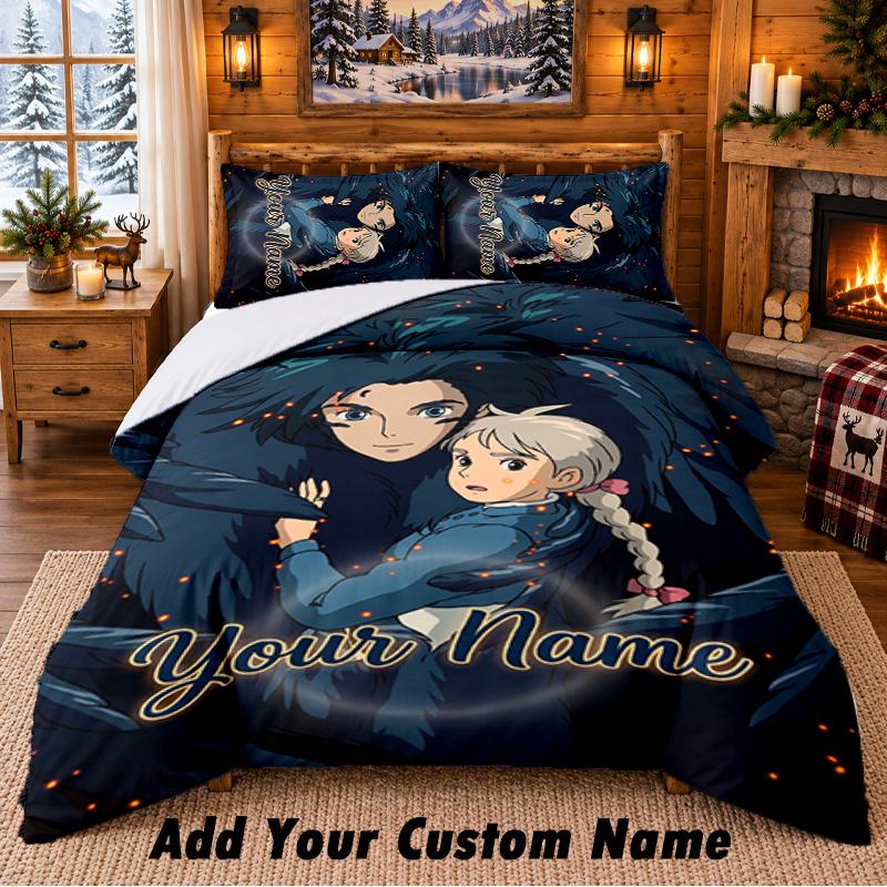 Howls Moving Castle Benutzerdefinierter Name 3-teiliges Bettwäsche-Set 1 Bettlaken 2 Kissenbezüge Schlafzimmer Heimdekoration