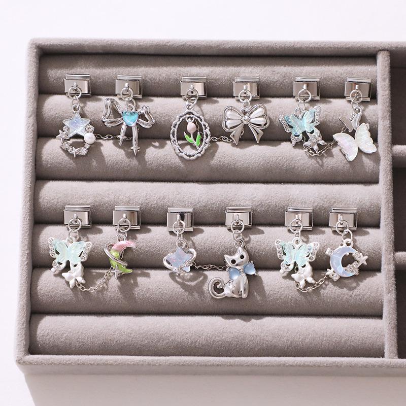 Dreamy Butterfly Moon Star Tulip Tassel Chain Italian Charm Links Fit 9MM Stainless Steel Bracelet Women DIY Making Jewelry