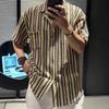 Men Lapel Short Sleeve Vertical Stripe Knit Shirt Single Pocket Loose Retro Casual Street Daily Top